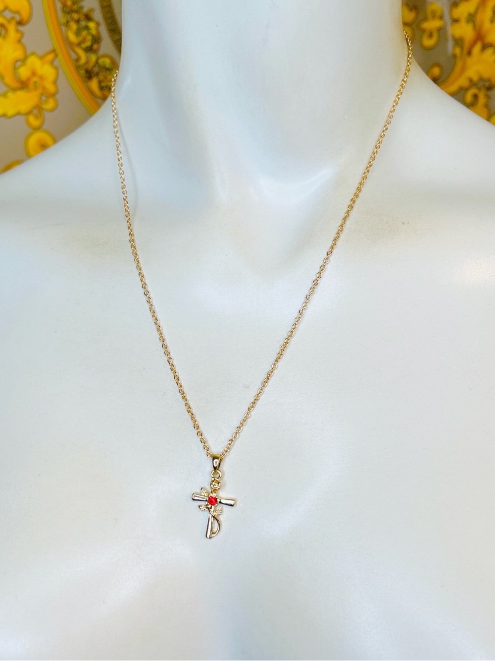 18k yellow gold plated Cross ruby red ♦️ CZ diamond 💎 18” to 21” necklace